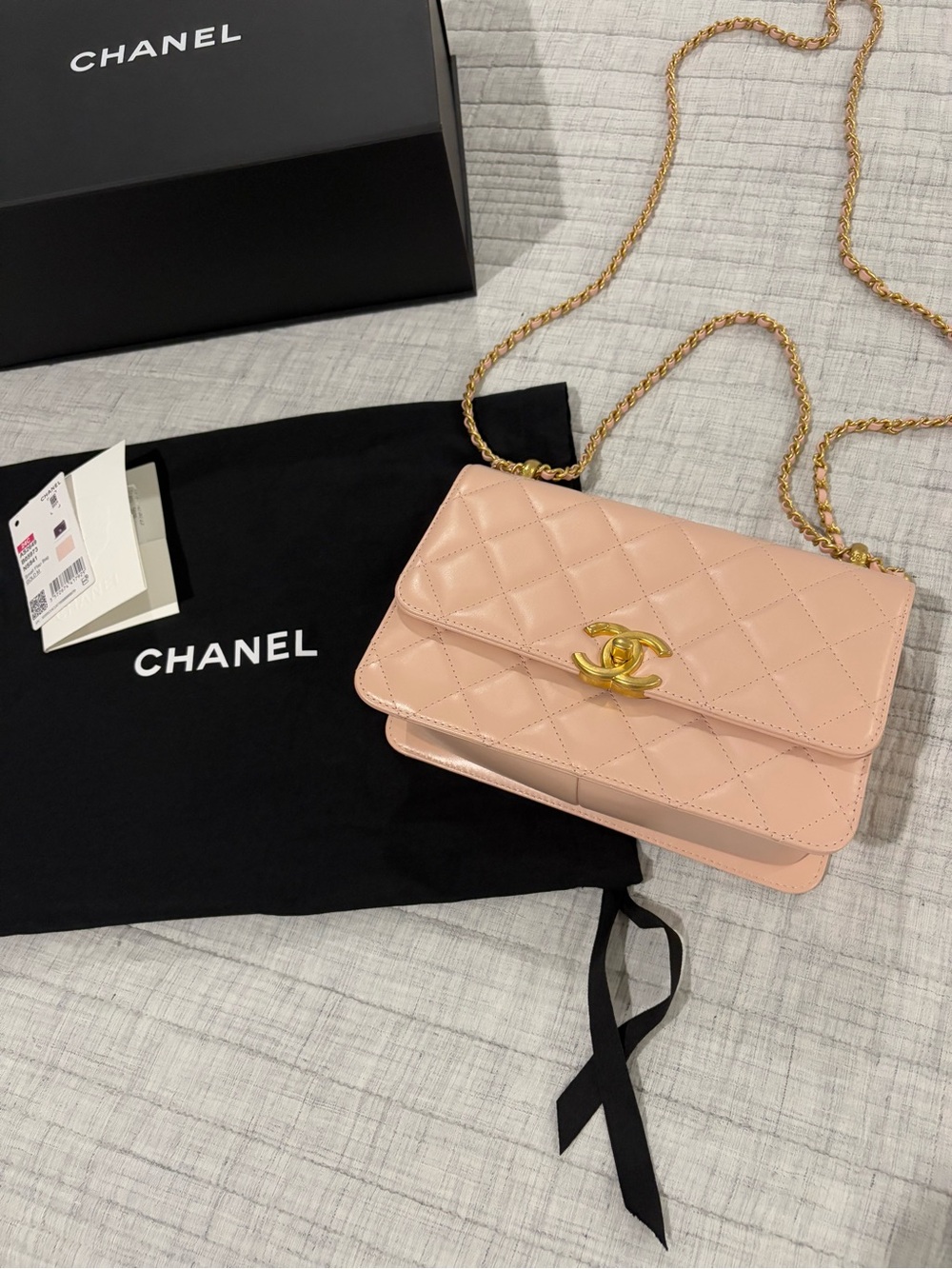 CHANEL Pale Pink Quilted Mini Flap Bag with Gold Chain